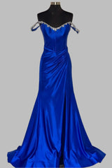 Royal Blue Rhinestone Off-the-Shoulder Long Prom Dress with Slit