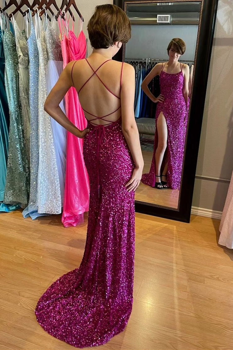 Red Sequin Lace-Up Mermaid Long Formal Dress with Slit