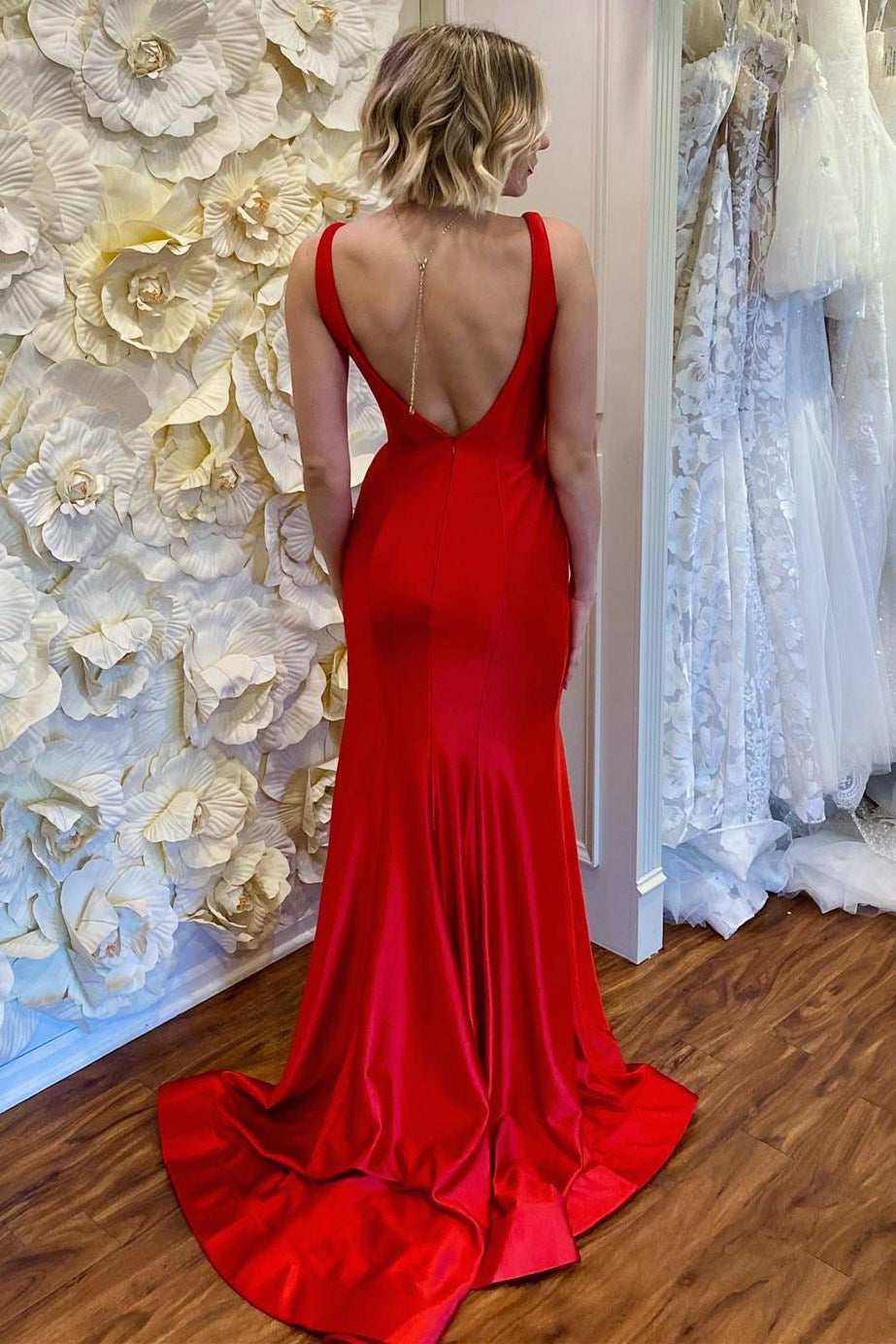 Red Plunge V Backless Mermaid Long Formal Dress with Slit