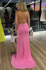 Pink Halter Rosette Mermaid Long Formal Dress with Slit