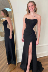 Black Mesh Beaded Strapless Mermaid Long Formal Dress with Slit