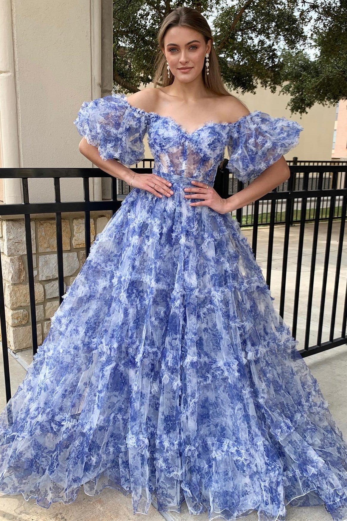 Navy Blue Print Puff Sleeve Ruffle A-Line Long Prom Dress