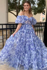 Navy Blue Print Puff Sleeve Ruffle A-Line Long Prom Dress