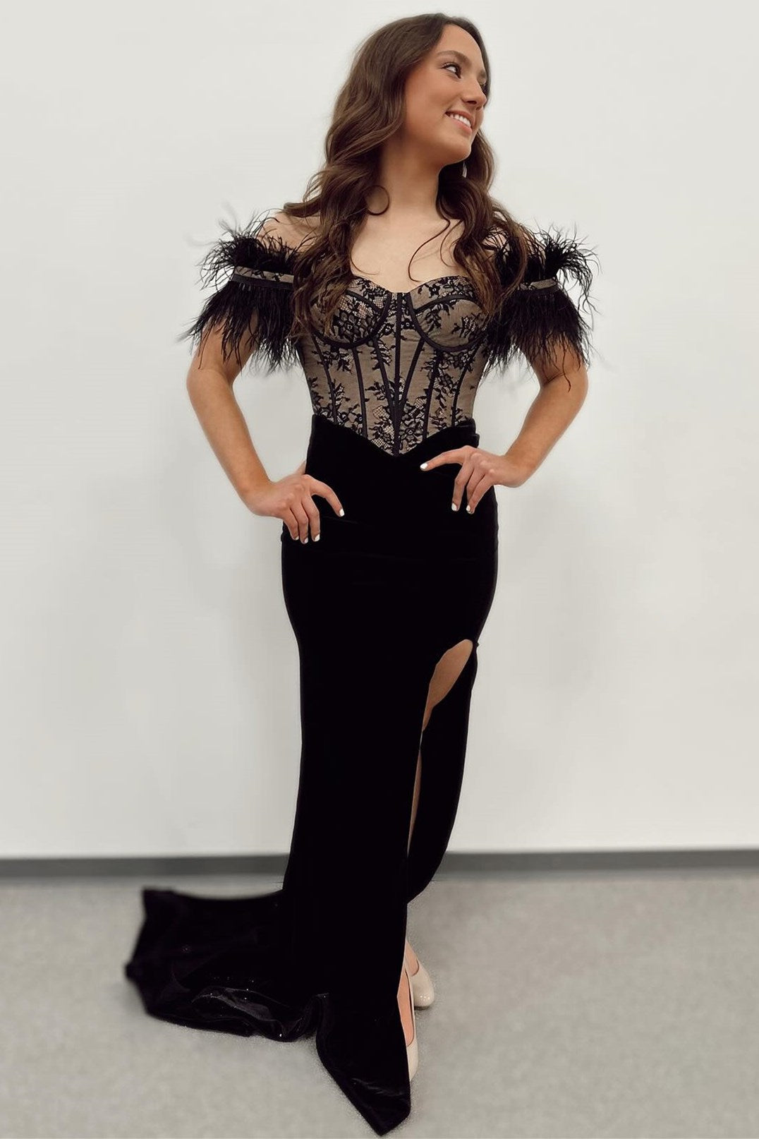 Black Velvet Lace Off-the-Shoulder Long Formal Dress with Slit