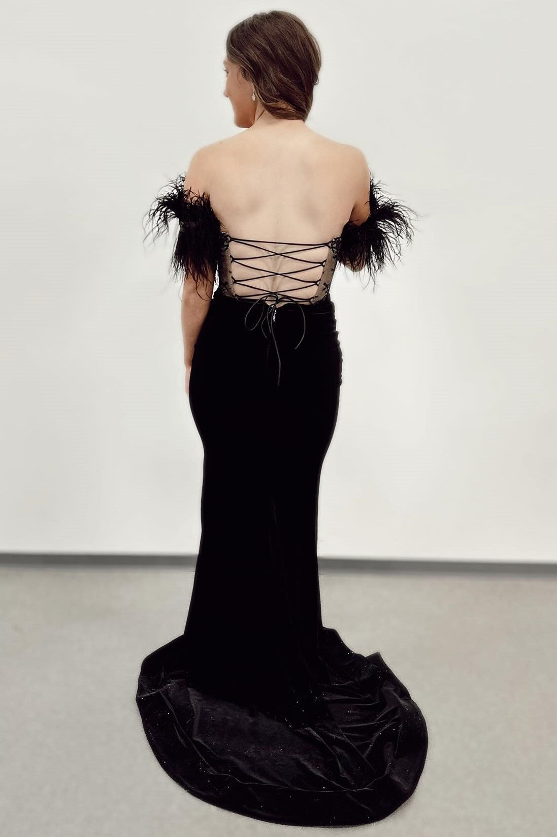 Black Velvet Lace Off-the-Shoulder Long Formal Dress with Slit