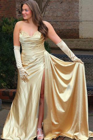 Champagne Strapless Appliques Long Prom Dress with Attached Train