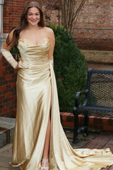 Champagne Strapless Appliques Long Prom Dress with Attached Train