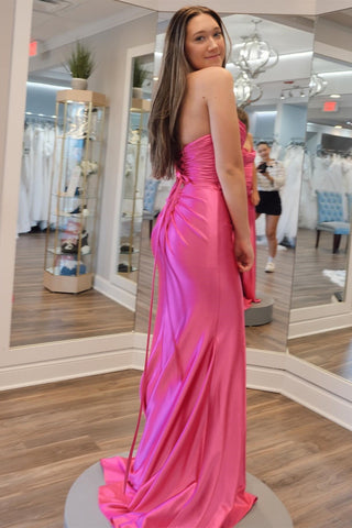 Hot Pink Strapless Lace-Up Trumpet Pleated Long Formal Dress