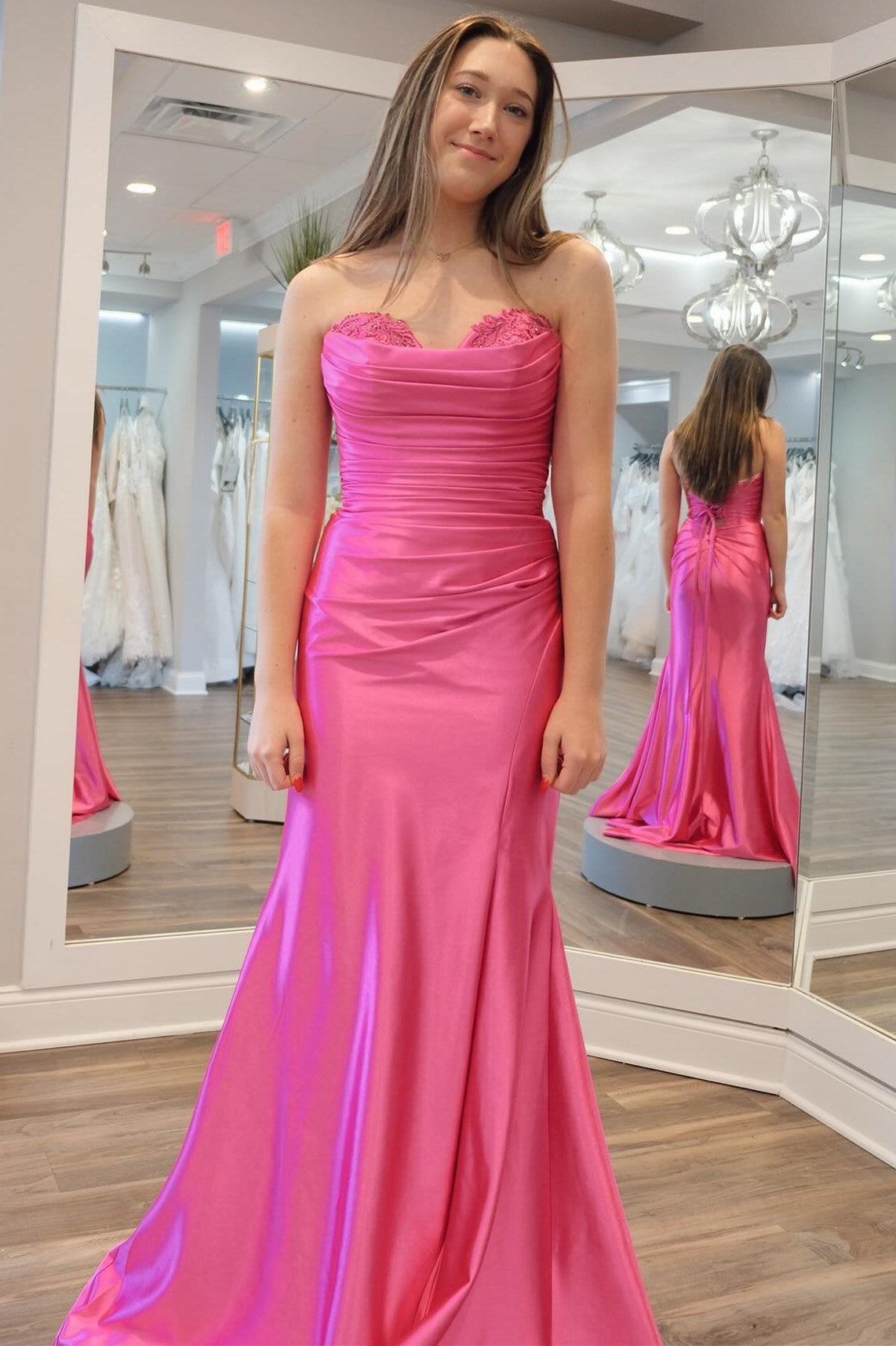 Hot Pink Strapless Lace-Up Trumpet Pleated Long Formal Dress