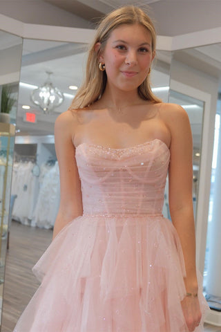 Pink Tulle Strapless Multi-Layer Ruffle Long Prom Dress