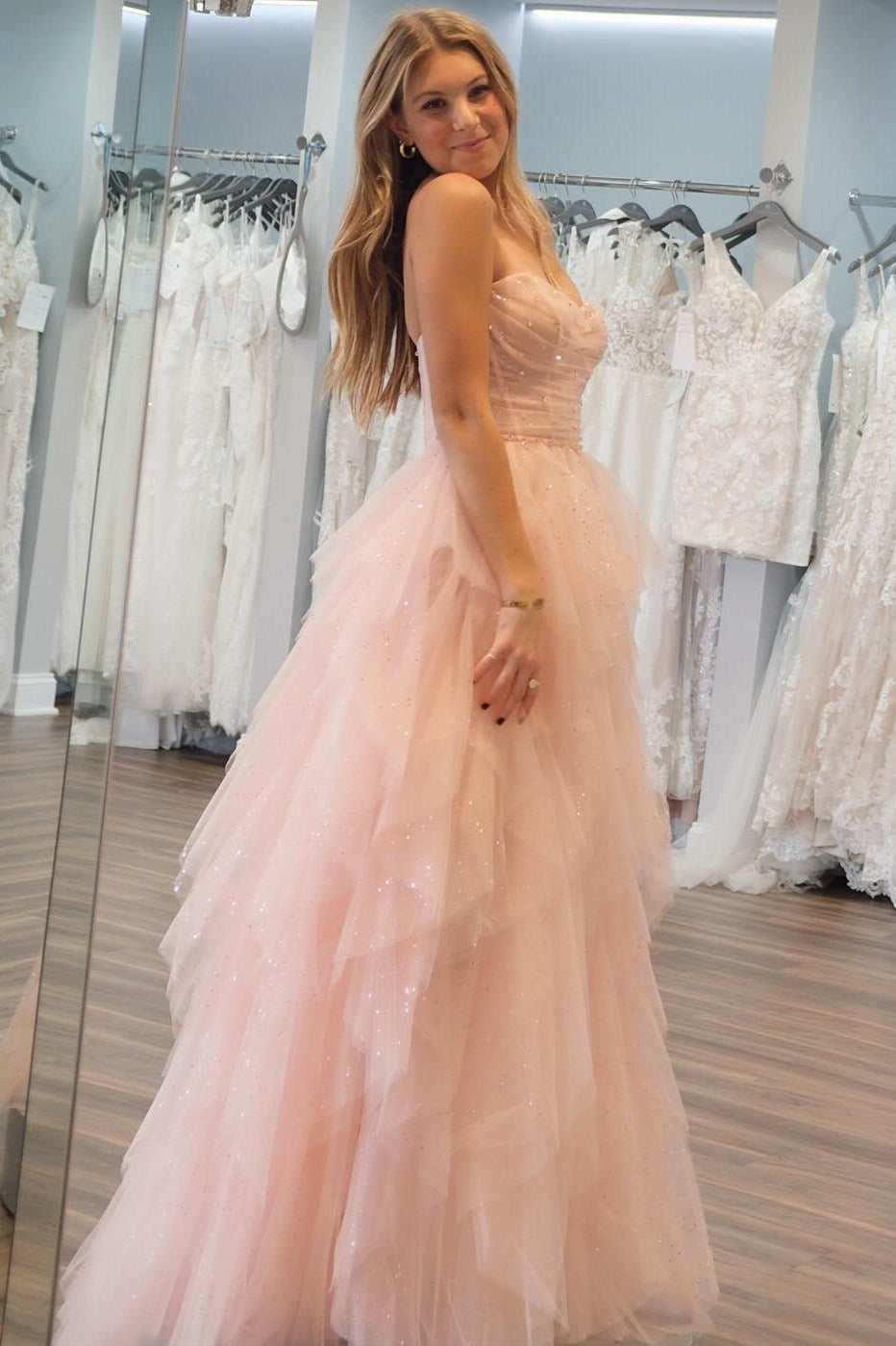 Pink Tulle Strapless Multi-Layer Ruffle Long Prom Dress