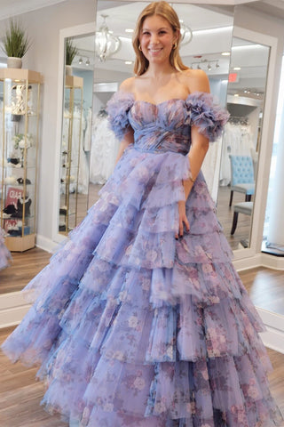 Periwinkle Print Flutter Sleeve Ruffle Tiered Long Prom Dress