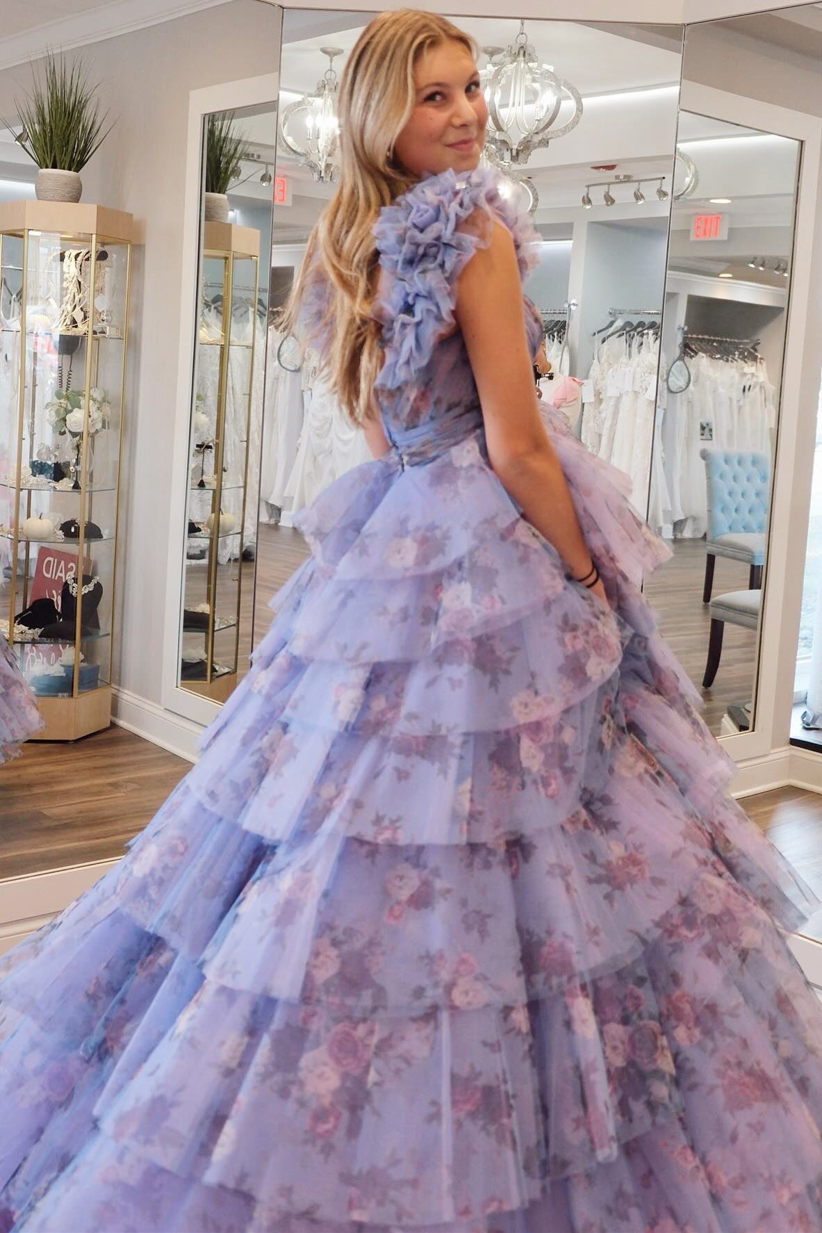 Periwinkle Print Flutter Sleeve Ruffle Tiered Long Prom Dress