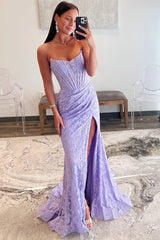 Lavender Lace Strapless Corset Wrap Maxi Dress