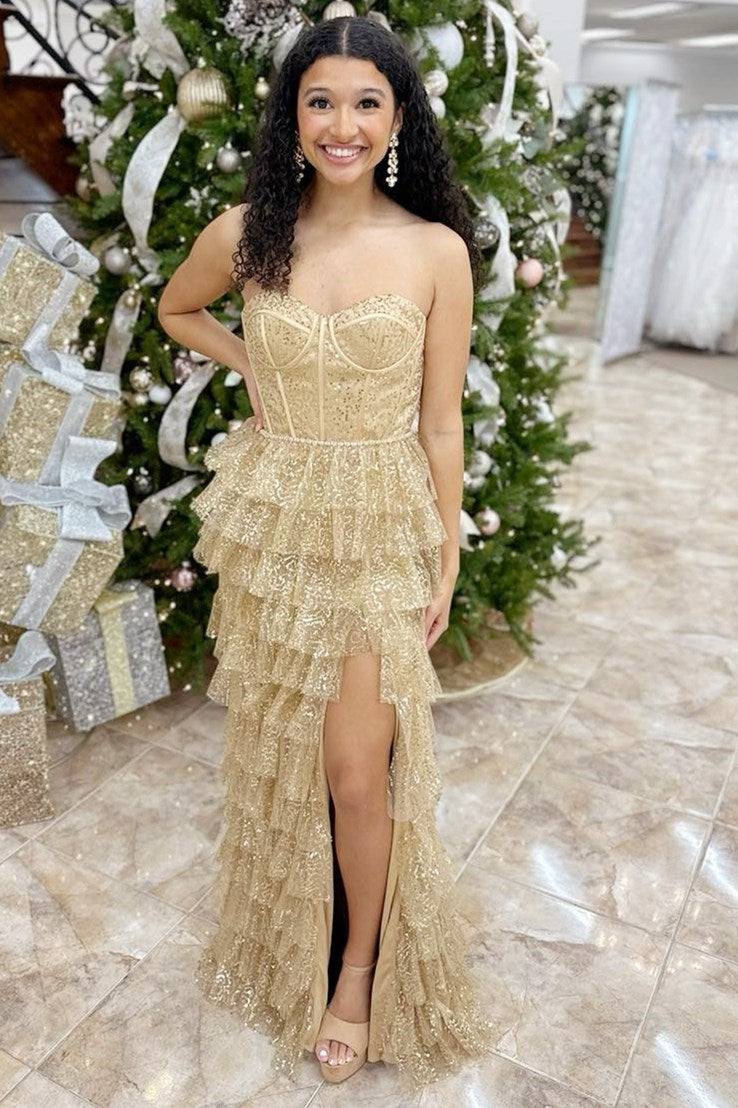 Gold Tulle Sequin Corset Ruffle Tiered Long Dress with Slit