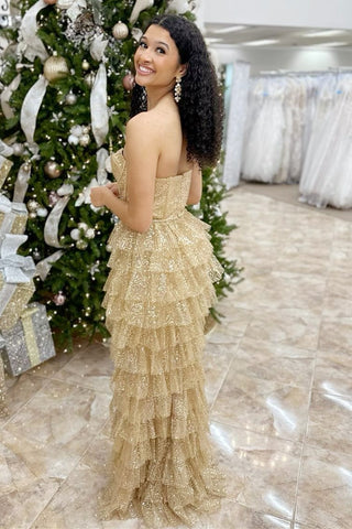 Gold Tulle Sequin Corset Ruffle Tiered Long Dress with Slit