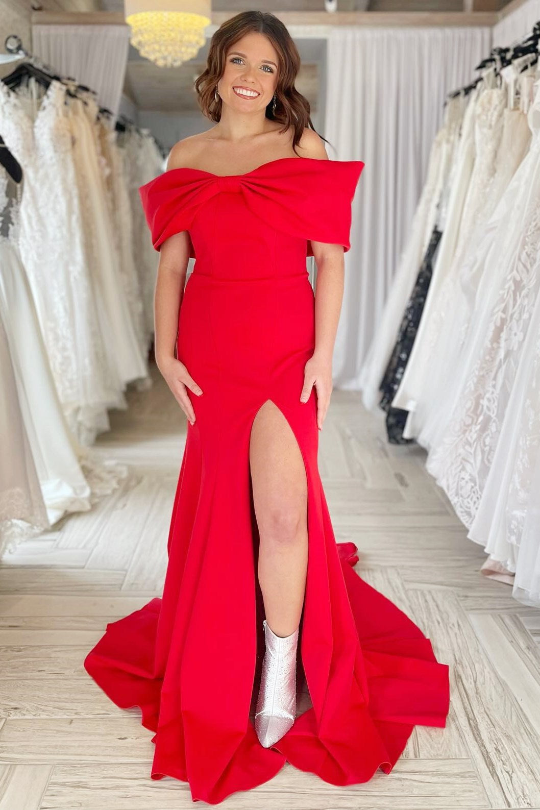 Red Off-the-Shoulder Bow Mermaid Gown with Slit