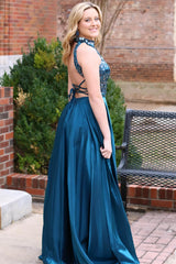 Teal Cut Glass Mirror Halter Long Formal Dress