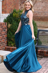 Teal Cut Glass Mirror Halter Long Formal Dress