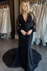 Black Beaded V-Neck Backless Long Wedding Dress with Sleeves