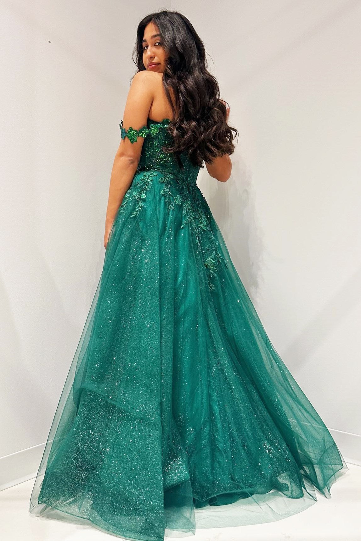 Glitter Emerald Appliques Off-the-Shoulder A-Line Long Prom Dress