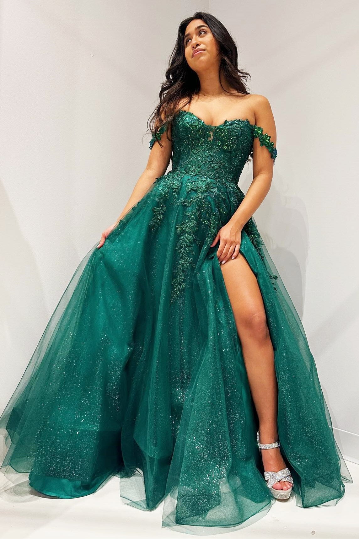 Glitter Emerald Appliques Off-the-Shoulder A-Line Long Prom Dress