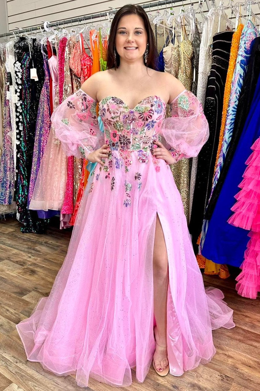 Pink Sequin-Embroidered Sweetheart Prom Dress with Balloon Sleeves