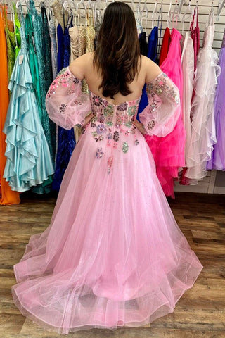 Pink Sequin-Embroidered Sweetheart Prom Dress with Balloon Sleeves