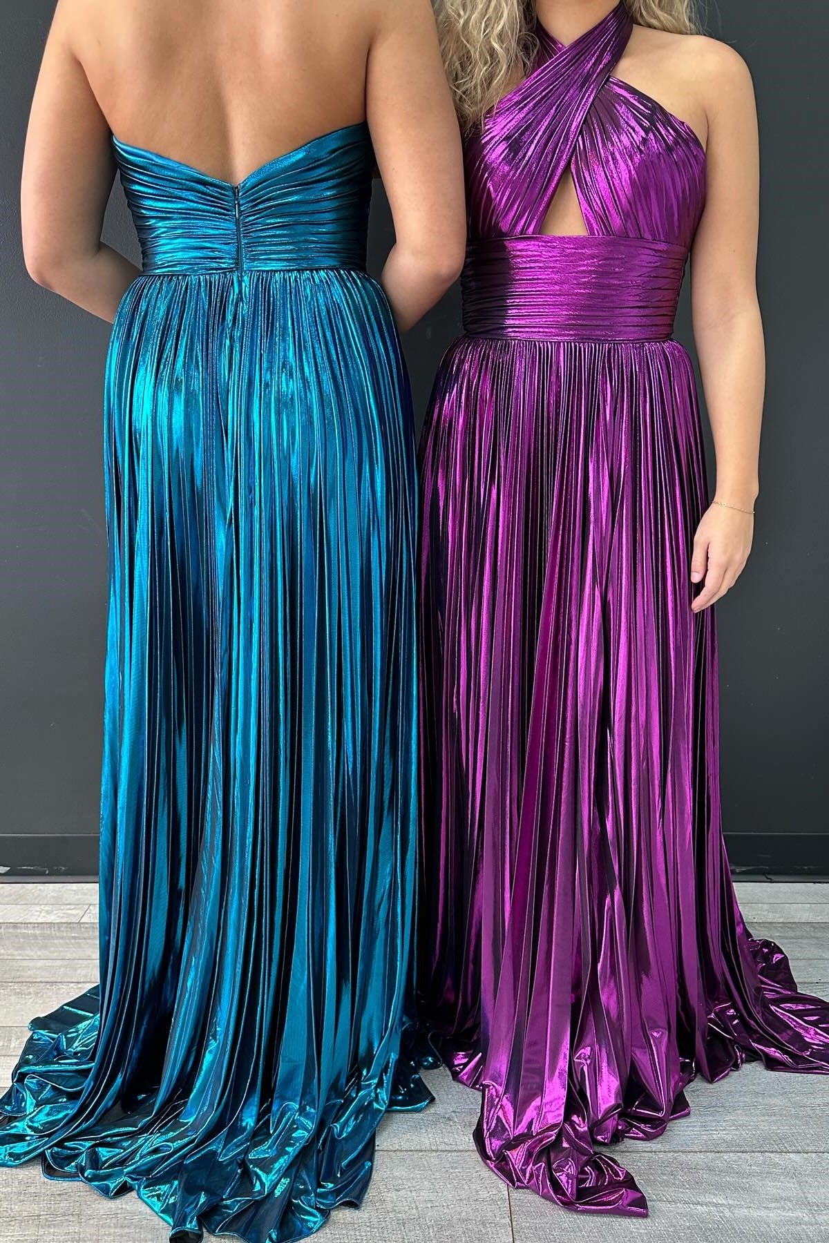 Metallic Emerald Halter Pleated Gown with Slit