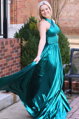 Metallic Emerald Halter Pleated Gown with Slit