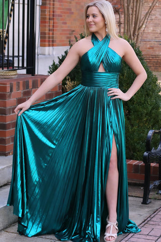 Metallic Emerald Halter Pleated Gown with Slit