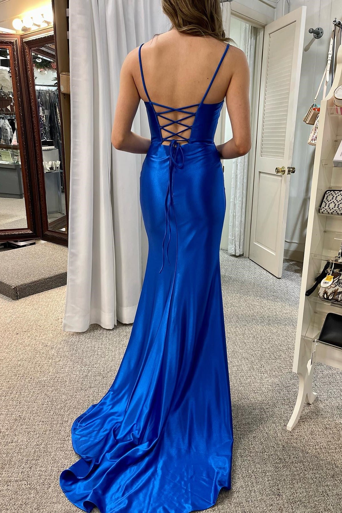 Royal Blue Scoop Neck Lace-Up Pleated Mermaid Gown