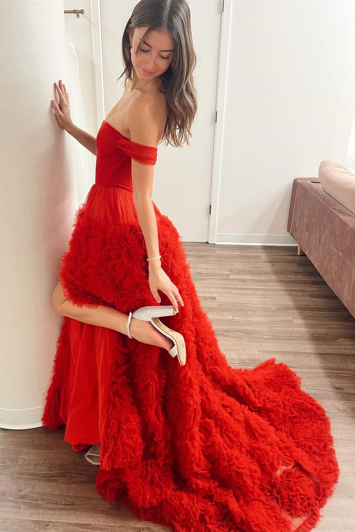 Off-the-Shoulder Red Ruffle Long Prom Dress with Slit