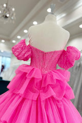 Hot Pink Sweetheart Ruffle Tiered Prom Gown with Puff Sleeves