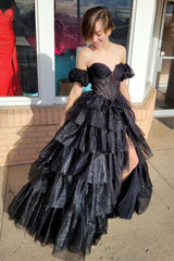 Hot Pink Sweetheart Ruffle Tiered Prom Gown with Puff Sleeves