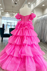 Hot Pink Sweetheart Ruffle Tiered Prom Gown with Puff Sleeves