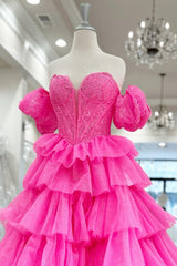 Hot Pink Sweetheart Ruffle Tiered Prom Gown with Puff Sleeves