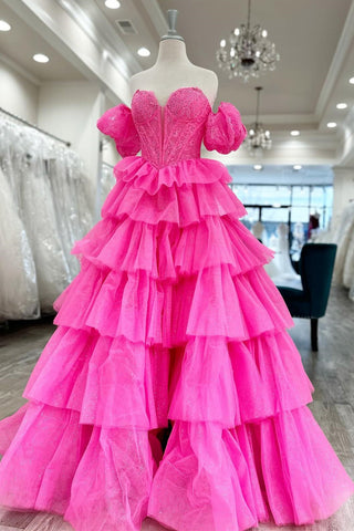 Hot Pink Sweetheart Ruffle Tiered Prom Gown with Puff Sleeves