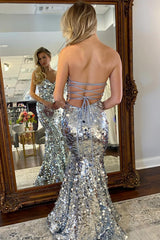 Silver Sequin Strapless Lace-Up Trumpet Long Prom Dress