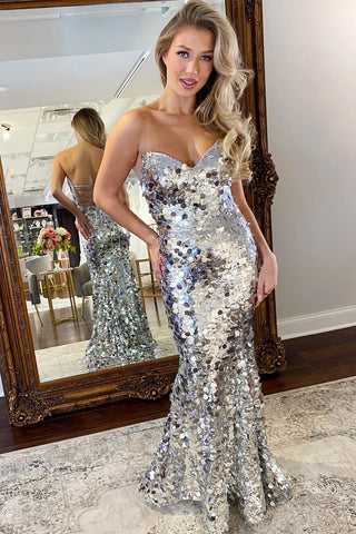 Silver Sequin Strapless Lace-Up Trumpet Long Prom Dress