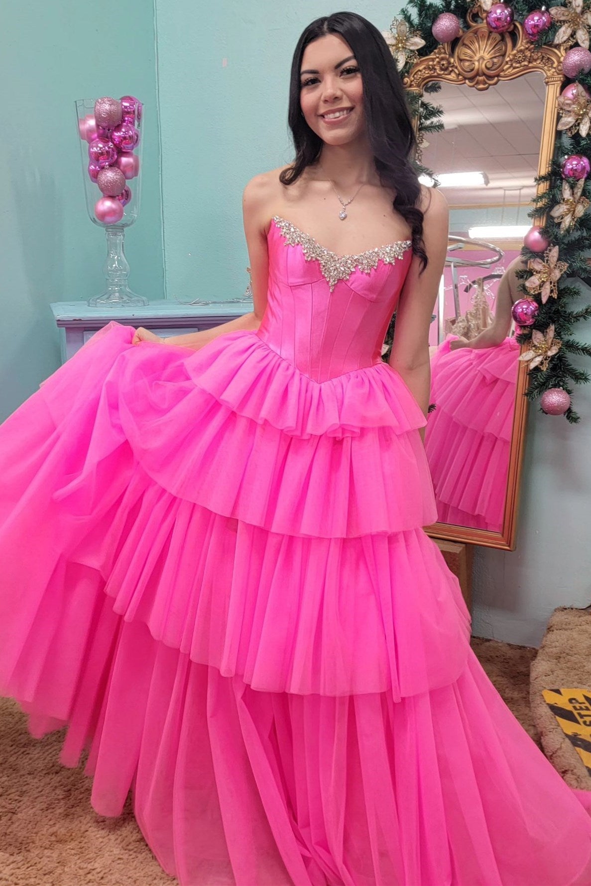 Hot Pink Beaded Corset Ruffle Tiered Ball Gown with Slit