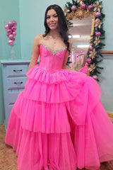 Hot Pink Beaded Corset Ruffle Tiered Ball Gown with Slit