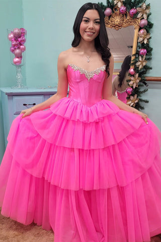 Hot Pink Beaded Corset Ruffle Tiered Ball Gown with Slit