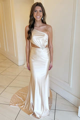 One-Shoulder Champagne Cutout Mermaid Long Formal Dress