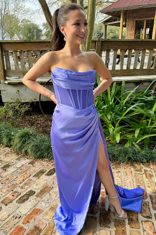 Periwinkle Strapless Pleated Formal Dress with Attached Train