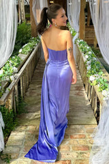 Periwinkle Strapless Pleated Formal Dress with Attached Train