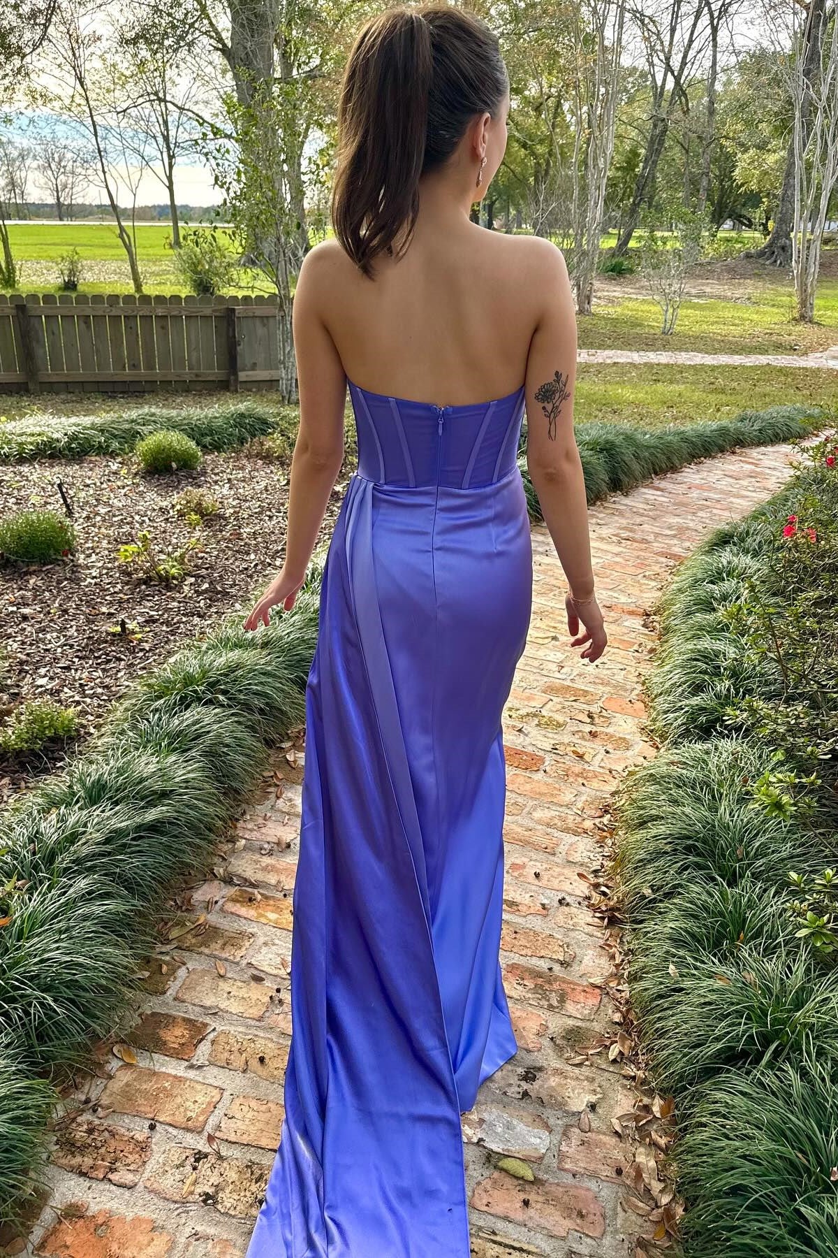 Periwinkle Strapless Pleated Formal Dress with Attached Train
