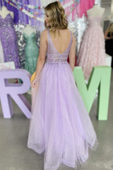 Lavender Tulle Hot Stone Backless A-Line Prom Dress