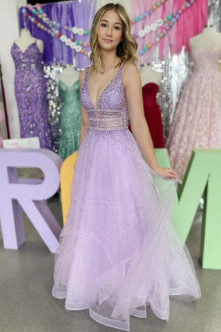 Lavender Tulle Hot Stone Backless A-Line Prom Dress