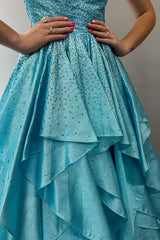 Aqua Blue Hot Stone Multi-Layer Ruffle Long Prom Dress